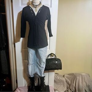 Denim 24/7 Y2K Wms Cotton V Neck Beaded Babydoll Boho Festival Top M